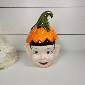 Vintage 1960s Pixie Elf Head Ceramic Cookie Jar w/ Orange Leaf Hat- MCM, Retro